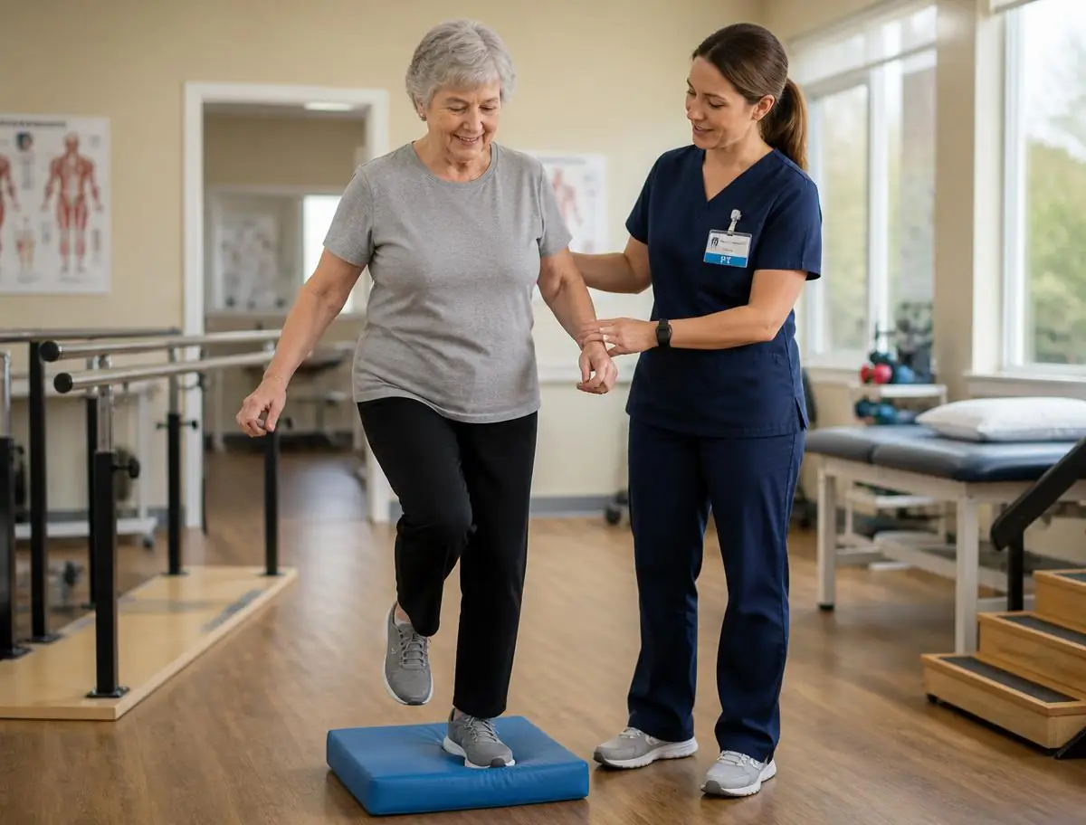 Physical therapist standing close to support an older adult practicing single-leg balance on a foam pad in a clinic