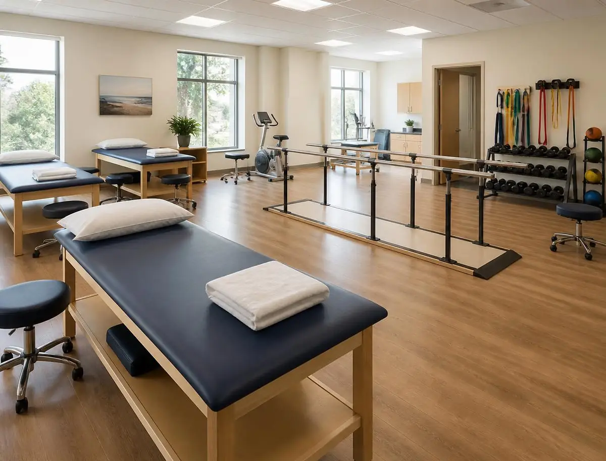Bright, tidy outpatient physical therapy treatment area with tables, parallel bars, and resistance equipment