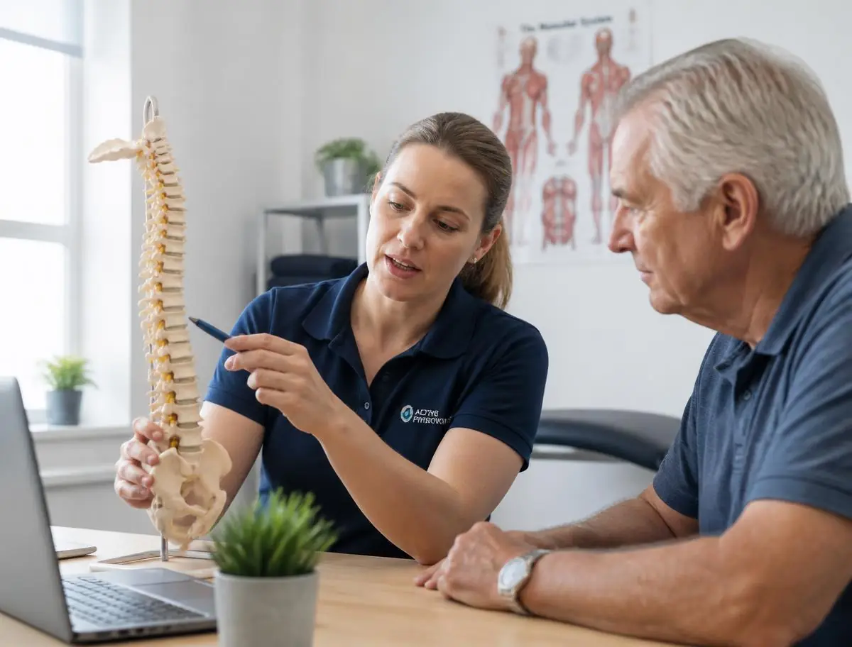 Physical therapist using a spine model to explain a patient's diagnosis during a consultation