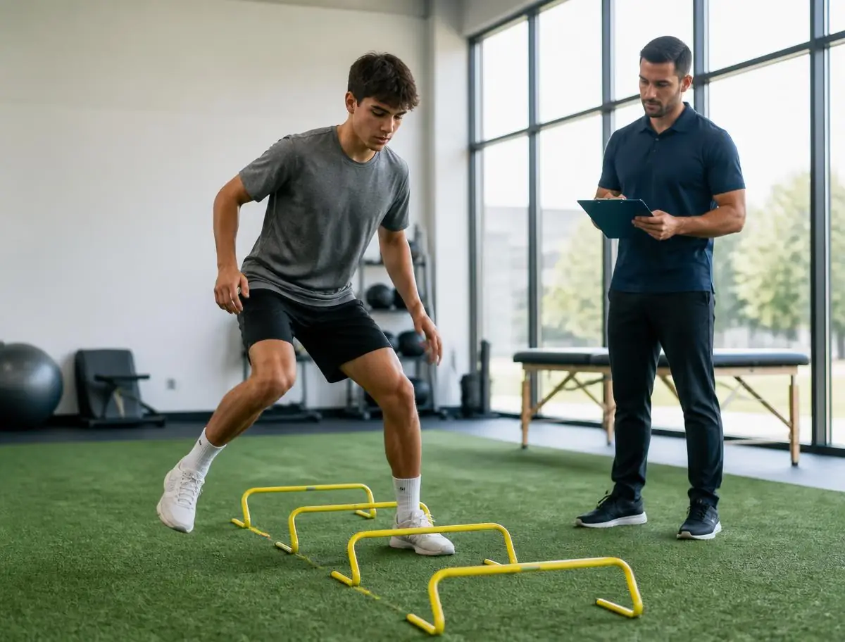 Young athlete performing a lateral agility drill over low hurdles on turf while a physical therapist observes and records notes