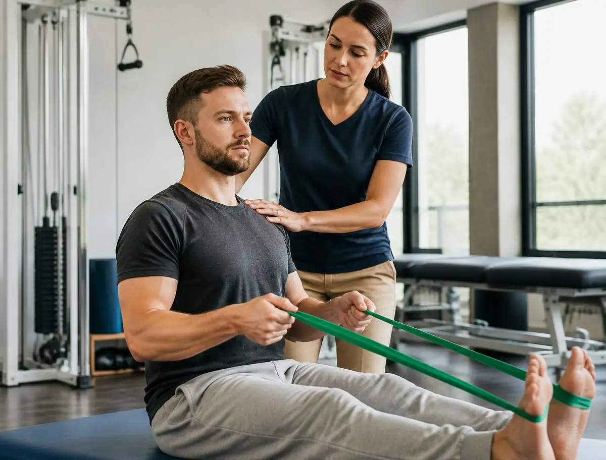 Patient performing a seated resistance band row while a physical therapist corrects shoulder position