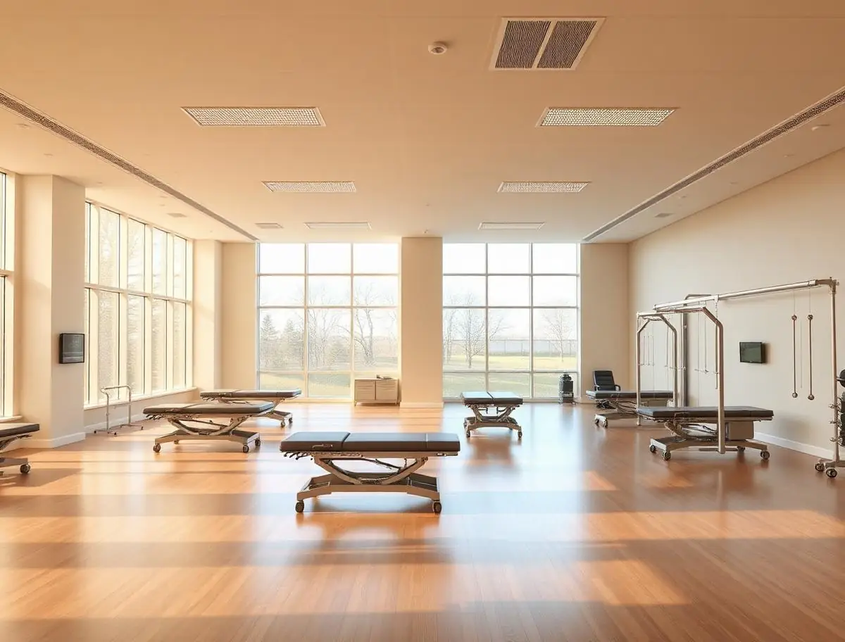 Open treatment bay with therapy tables and daylight